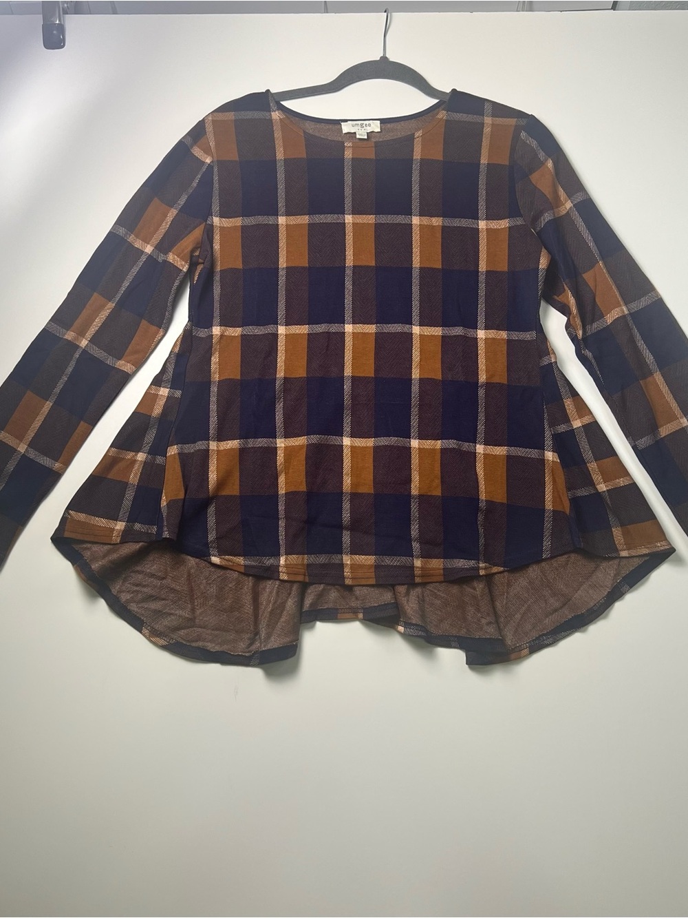Umgee Navy & Brown Plaid Tartan High-Low Long Sleeve Top 90s Academia Boho